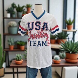 Spencers USA Drinking Team Jersey Shirt 76 White Mesh Red Blue Graphic Small